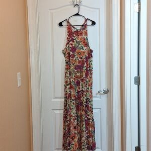 NWT Natural Life Halle Printed Halter Maxi Tiered Dress Fuchsia Floral Size L